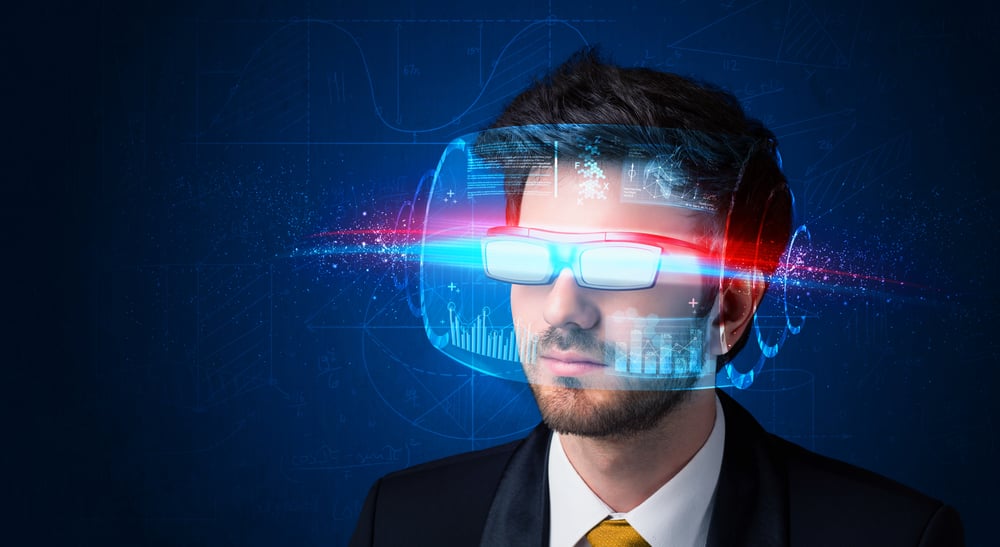 Man with future high tech smart glasses concept